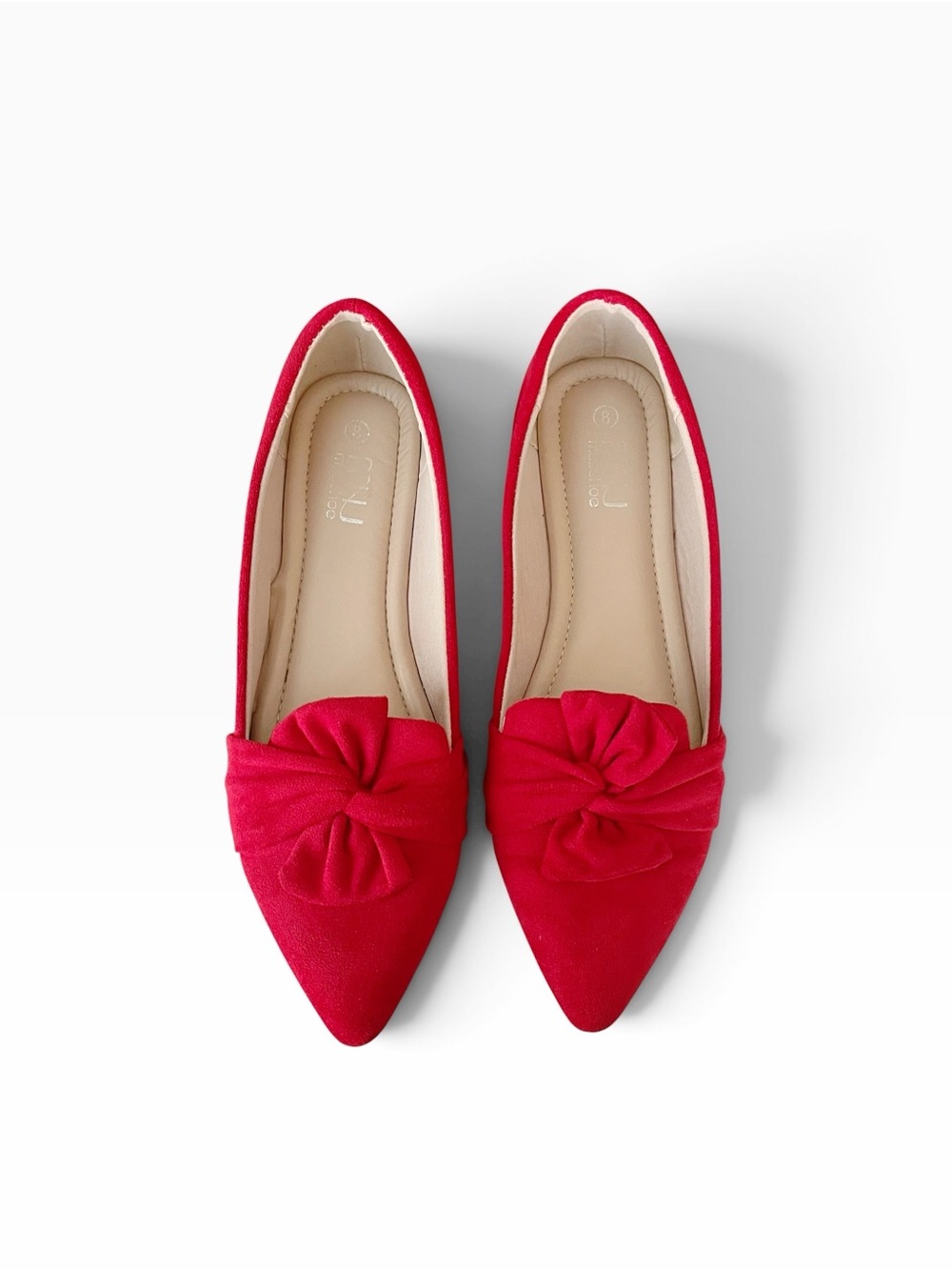 Musshoe Red Bow Ballerina Flats Womens Size 8 Comfortable Faux Suede Pointed Toe